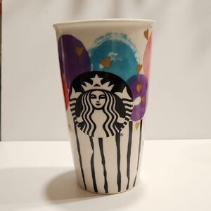 STARBUCKS 2016 VALENTINE'S GOLD HEARTS AND BALLOONS CERAMIC 12OZ. COFFEE TUMBLER